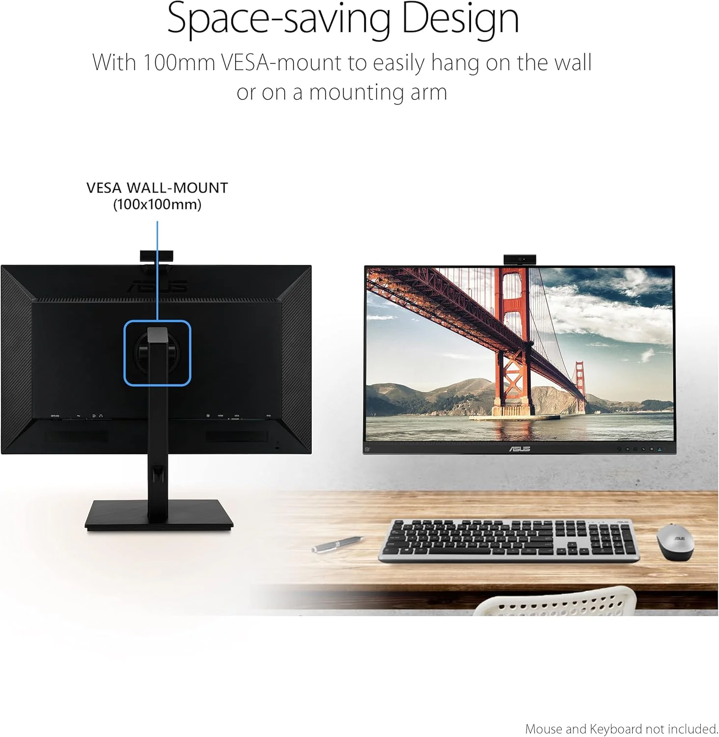ASUS 27” 1080P Video Conference Monitor (BE279QSK) - Full HD, IPS, Built-in Adjustable 2MP Webcam, Mic Array, Speakers, Eye Care, Wall Mountable, Frameless, HDMI, DisplayPort, VGA, Height Adjustable (Certified Refurbished) - Image 6
