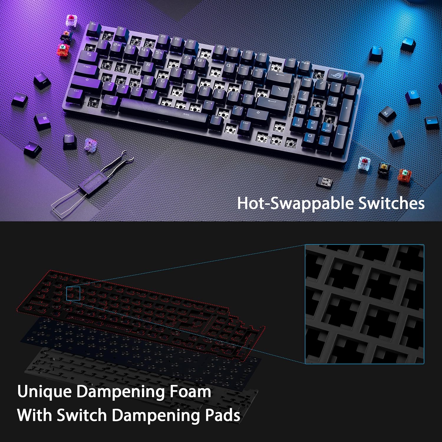 ASUS ROG Strix Scope II 96 Wireless Gaming Keyboard, Tri-Mode Connection, Dampening Foam & Switch-Dampening Pads, Hot-Swappable Pre-lubed ROG NX Snow Switches, PBT Keycaps, RGB-Black (Certified Refurbished) - Image 6
