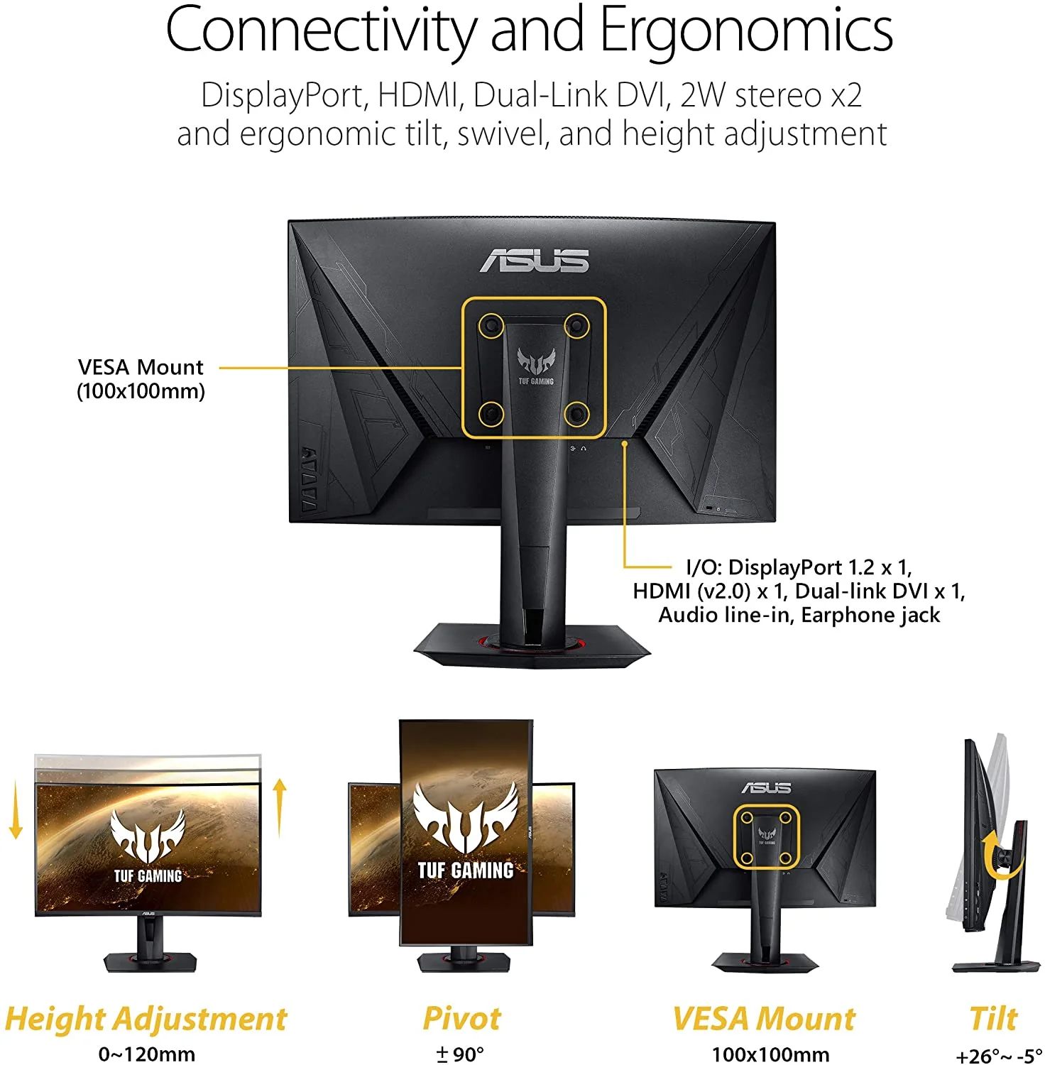 Asus TUF Gaming VG27VQ Curved Gaming Monitor – 27 inch Full HD (1920x1080), 165Hz (above 144Hz), Freesync (Certified Refurbished) - Image 6