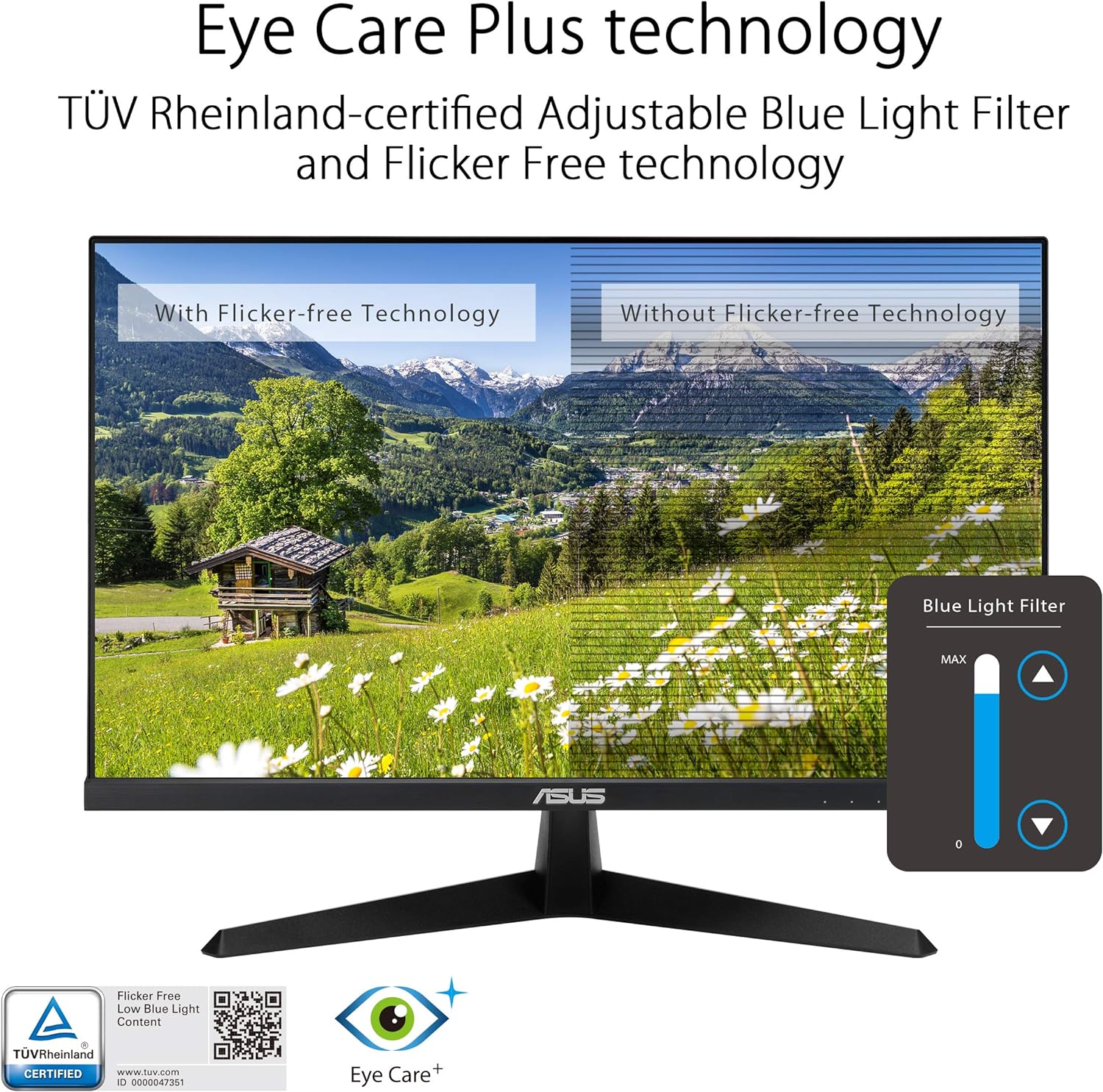 ASUS VY249HE 23.8” Eye Care Monitor, 1080P Full HD, 75Hz, IPS, Adaptive-Sync/FreeSync, Eye Care Plus, Color Augmentation, Rest Reminder, Antibacterial Surface, HDMI VGA, Frameless, VESA Wall Mountable (Certified Refurbished) - Image 3