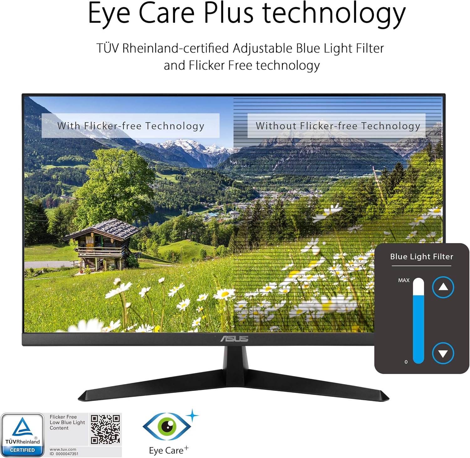 Asus 27 inch VY279HE Monitor | 1080P Full HD | 75Hz | Adaptive-Sync/FreeSync | Eye Care Plus, Color Augmentation, Antibacterial Surface | HDMI, VGA (Certified Refurbished) - Image 6